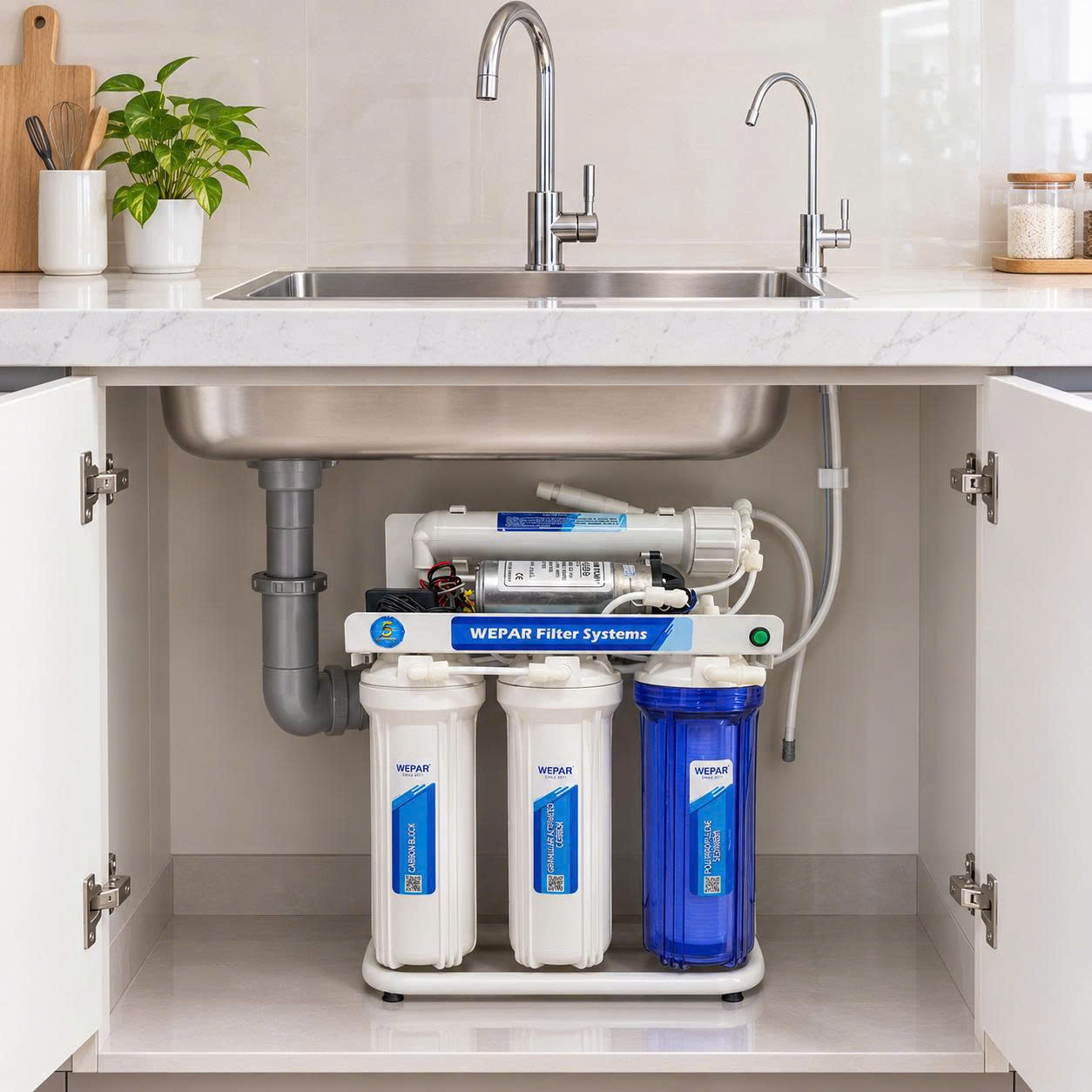 Phối cảnh lắp đặt máy lọc nước RO 5 cấp WEPAR dưới lavabo