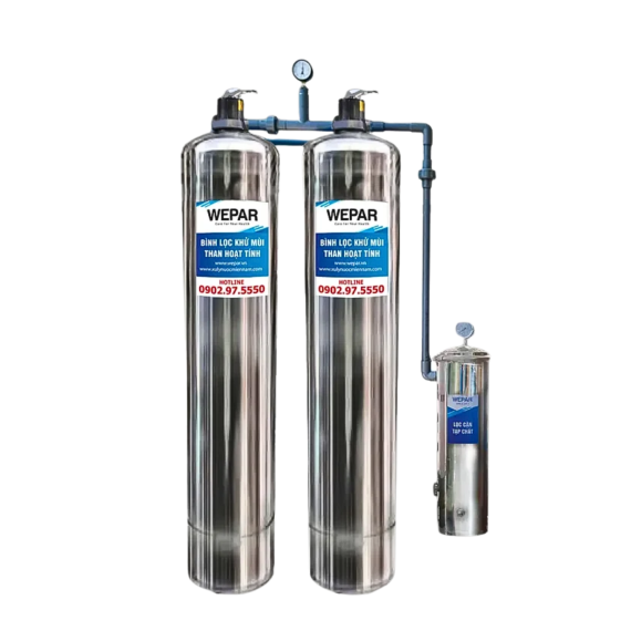 Hệ thống lọc tổng đầu nguồn 2 bình inox xử lý nhiễm phèn