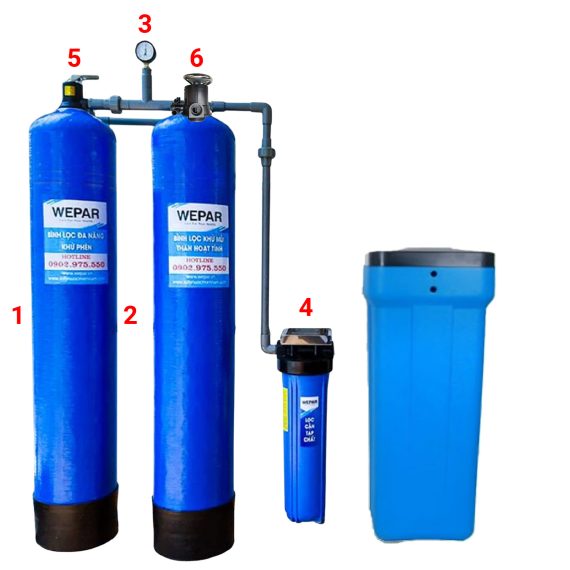 Hệ thống lọc tổng đầu nguồn xử lý vôi/canxi 2 bình composite