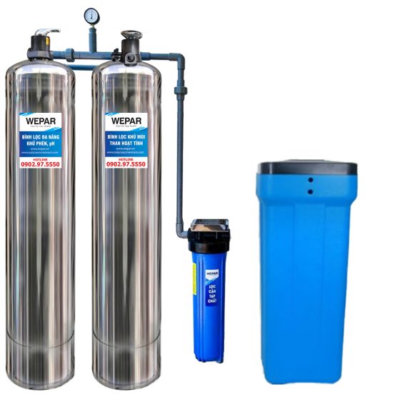 Hệ thống lọc tổng đầu nguồn 2 bình inox xử lý vôi/canxi