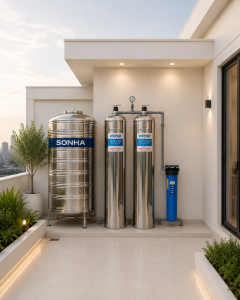 Hệ thống lọc tổng đầu nguồn 2 cột inox xử lí clo dư/ chất hữu cơ 