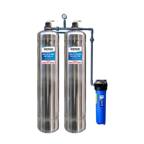 Hệ thống lọc tổng đầu nguồn 2 bình inox lọc/xử lý nước clo dư, chất hữu cơ