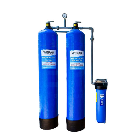 Hệ thống lọc tổng đầu nguồn 2 bình composite xử lý nước nhiễm phèn