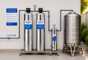 Hệ lọc tổng 2 bình inox WEPAR lắp tại điểm cấp nước đầu nguồn của nhà ở dân dụng